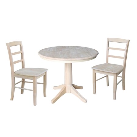 International Concepts Round 36 in Round Top Pedestal Table, with 2 Madrid Chairs, Unfinished, 36 W, 36 L, 29.9 in H, Wood K-36RT-27B-C2-2